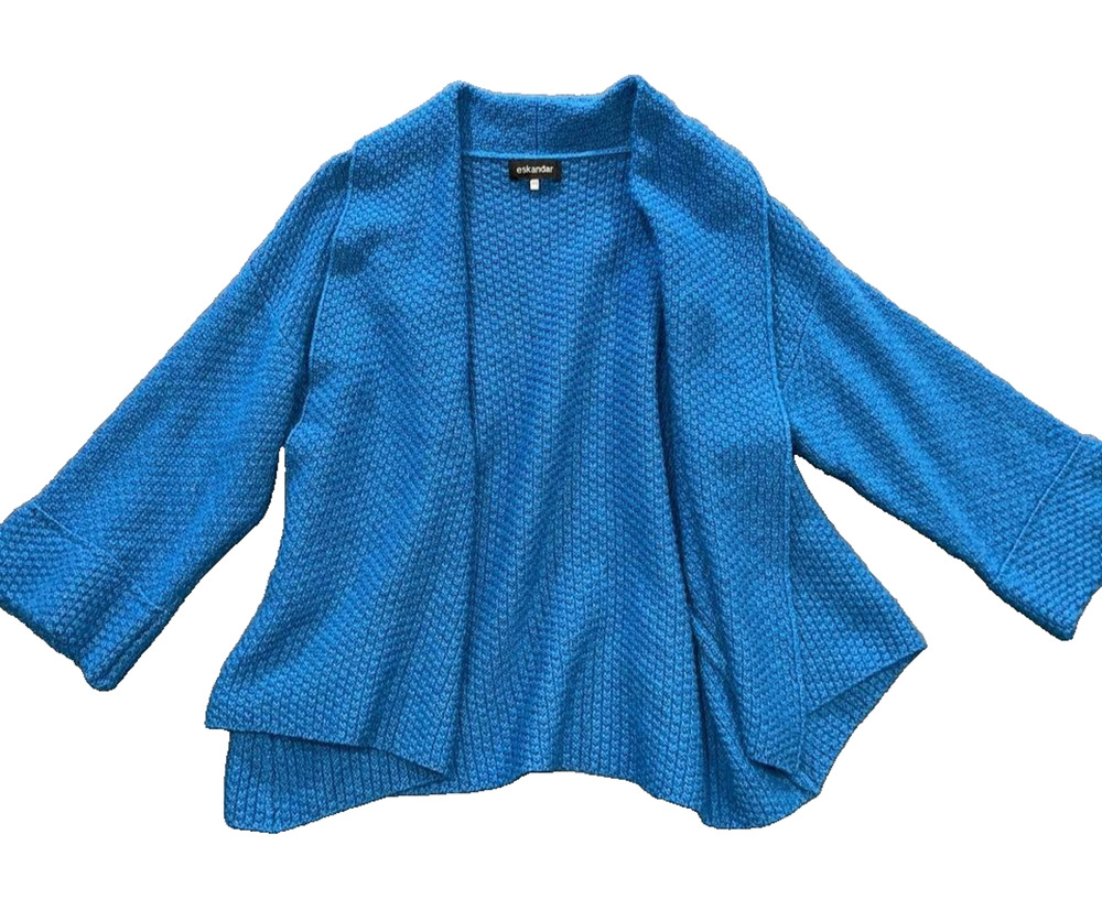 Eskandar Kimono Cardigan knit blue Lightweight wool Open Front One Size A009955